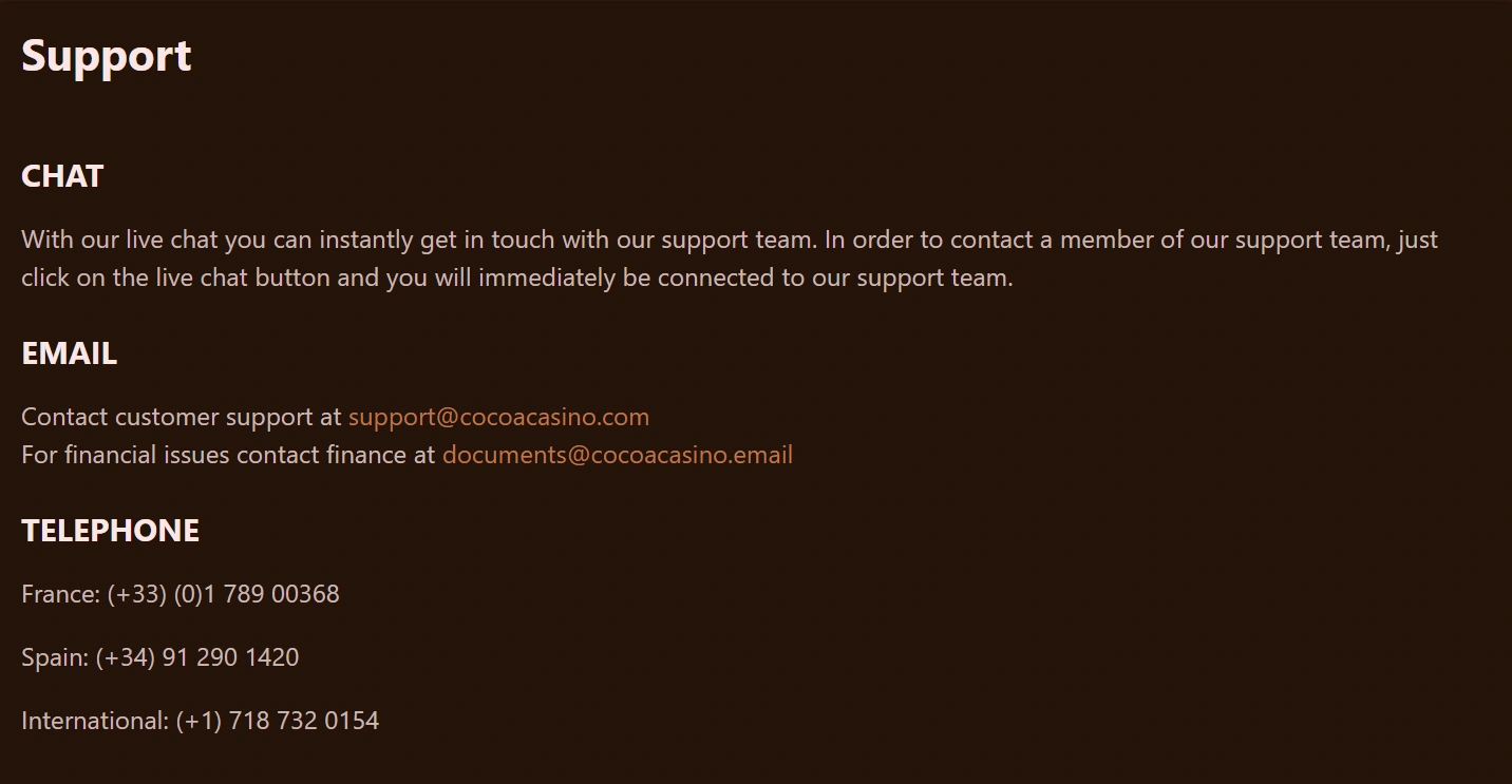 Cocoa Casino support